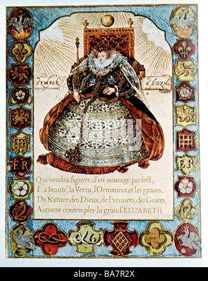 Elizabeth I, 7.9.1533 - 24.3.1603, Reine d'Angleterre depuis 17.11.1558, pleine longueur, assise sur le trône, frontière symbolique, imprimer, demi-longueur, Banque D'Images