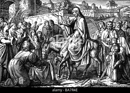 Jésus-Christ, environ 4 av. J.-C. - environ 33 av. J.-C., entrant à Jérusalem, gravure en bois, XIXe siècle, demi-longueur, Banque D'Images