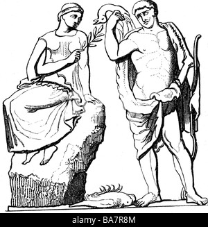 Heracles, divinité grecque et héros divin, pleine longueur, donnant des oiseaux tymphaliens à la fille d'Eurysteus, gravure en bois, XIXe siècle, après s'être fié par le temple de Zeus à Olympia, Banque D'Images