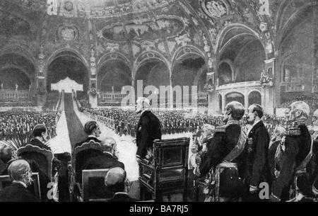 Expositions, exposition universelle, exposition universelle, Paris, 15.4.1900 - 12.11.1900, ouverture par le Président Emile Loubet, 14.4.1900, après dessin de Georges Scott, exposition, France, cérémonie, politicien, peuple, XIXe siècle, historique, Europe, 1900, Banque D'Images