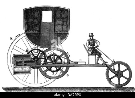 TreviThick, Richard, 13.4.1771 - 22.4.1833, ingénieur britannique, son véhicule à vapeur "Puffing Devil" à partir de 1801, dessin schématique, gravure de bois, XIXe siècle, Banque D'Images