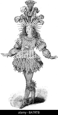 Louis XIV, 5.9.1638 - 1.9.1715, roi de France 1643 - 1715, pleine longueur, comme 'Roi soleil', dans le Ballett de Nuit 1653, dessin contemporain, Banque D'Images