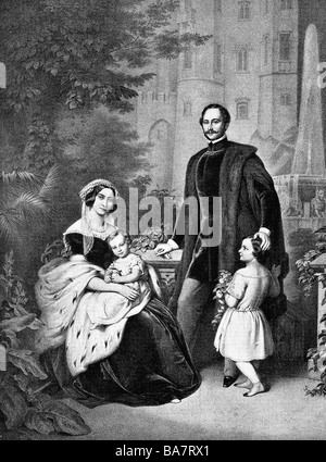 Maximilian II Joseph, 28.11.1811 - 10.3.1864, roi de Bavière 20.3.1848 - 10.3.1864, avec épouse Maria et fils Louis et Otto, Hohenschwangau, lithographie de Woelfle, vers 1850, Banque D'Images