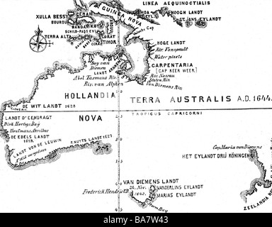 Tasman, Abel Janszoon, 1603 - 1659, marin hollandais, explorateur, découverte de la Tasmanie, carte de l'Australie après son dessin à la main, 1644, Banque D'Images