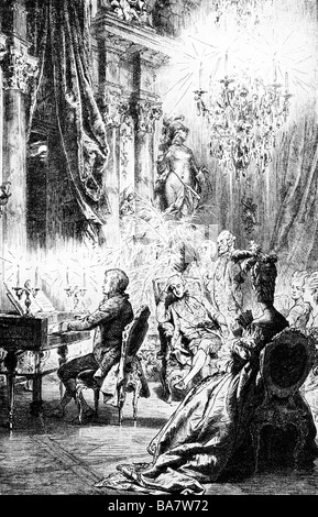 Mozart, Wolfgang Amadeus, 27.1.1756 - 5.12.1791, musicien autrichien (compositeur), pleine longueur, jeune, assis au piano sur la fête de la société de Earl Conti, après peinture, Banque D'Images