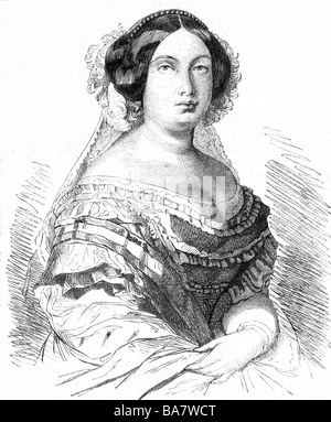 Isabella II, 10.10.1830 - 9.4. 1904, Reine d'Espagne 29.9.1833 - 30.9.1868, demi-longueur, gravure sur bois, 1860, Banque D'Images