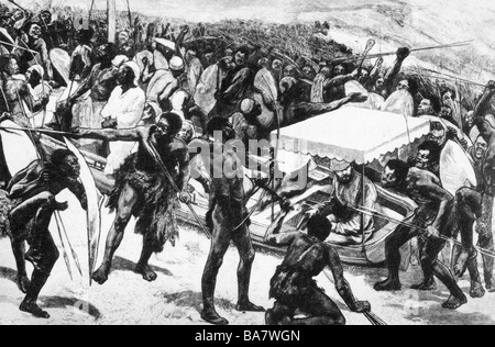 Stanley, Henry Morton (né John Rowlands), 28.1.1841 - 10.5.1904, explorateur de l'Afrique britannique, réception peu amicale sur la rivière Congo, gravure en bois, Banque D'Images