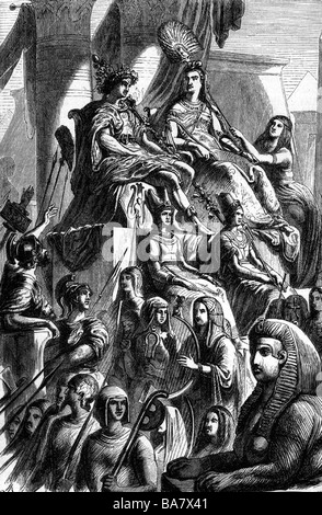 Cleopatra VII (Théa Philopator), 69 - 30 av. J.-C., Reine d'Egypte, scène, Cleopatra et Mark Antony adorés comme Isis et Osiris, gravure en bois, XIXe siècle, Banque D'Images