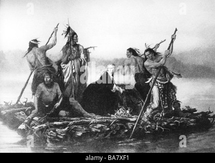 Boone, Daniel, 2.11.1734 - 26.9.1820, pionnier et chasseur américain, enlèvement de sa fille par des Indiens, peinture de Charles Wimar, Banque D'Images