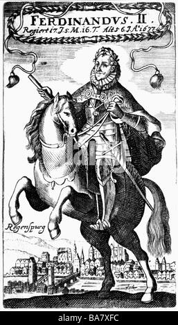 Ferdinand II, 9.9.1578 - 15.2.1637, Saint Empereur romain 29.8.1619 - 15.2.1637, equestrian image, gravure sur cuivre, 17e siècle, l'artiste a le droit d'auteur , de ne pas être effacé Banque D'Images