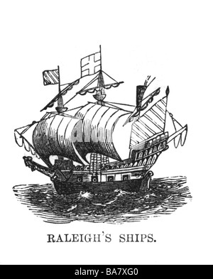 Raleigh, Walter, 1552 - 29. 10.1618, navigateur anglais et auteur/écrivain, son navire, image historique, gravure en bois, XIXe siècle, Banque D'Images