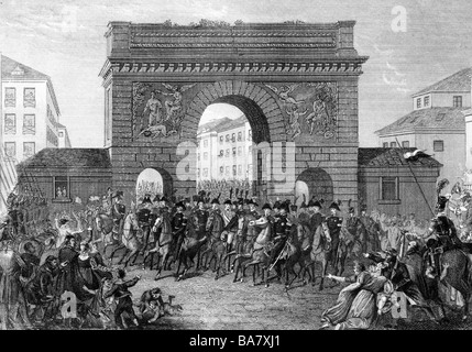 Événements, guerre de la Sixième coalition 1812 - 1814, les alliés entrant à Paris, 31.3.1814, gravure en acier par H. Winkler après peinture par Kraft, XIXe siècle, Tsar Alexander I de Russie, empereur François I d'Autriche, roi Frederick William III de Prusse, guerres napoléoniennes, France, historique, historique, Banque D'Images