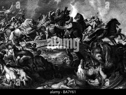 Amazones, figurines mythologiques grecques, bataille d'Amazone, gravure de bois, XIXe siècle, après la peinture de Peter Paul Rubens, Banque D'Images
