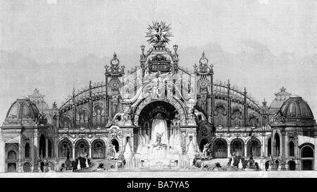 Expositions, exposition universelle, exposition universelle, Paris, 15.4.1900 - 12.11.1900, Palais d'électricité, vue extérieure, gravure en bois de Richard Bong, 1900, exposition, France, architecture, hall, illumination, XIXe siècle, historique, Europe, population, 1900, Banque D'Images