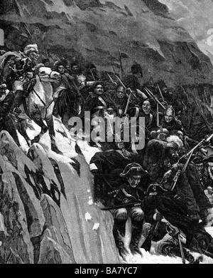 Suvorov, Alexander Vasilyevich, 24.11.1729 - 18.5.1800, général russe, traversant le col de Panix avec son armée, octobre 1799, gravure en bois, XIXe siècle, , Banque D'Images