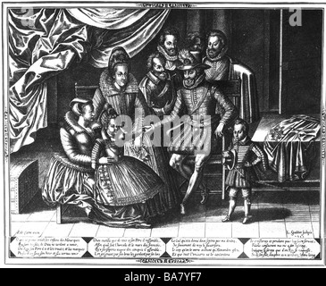 Henri IV, 13.12.1553 - 14.5.1610, Roi de France 27.2.1594 - 14.5.1610, pleine longueur, avec sa famille et fonctionnaires de la cour, gravure sur cuivre par Leonard Gautier, 1602, copyright de l'artiste n'a pas à être effacée Banque D'Images