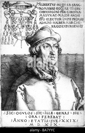 Albrecht von Brandenburg, 28.6.1490 - 24.9.1545, l'archevêque de Mayence depuis le 9.3.1514, portrait, side view, gravure sur cuivre par Albrecht Dürer, 1523, l'artiste n'a pas d'auteur pour être effacé Banque D'Images