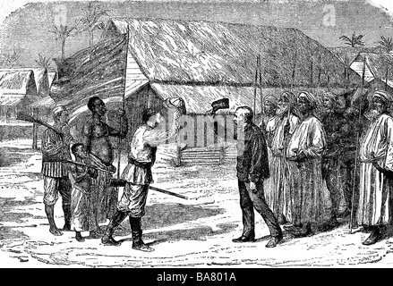 Stanley, Henry Morton (né John Rowlands), 28.1.1841 - 10.5.1904, explorateur britannique de l'Afrique, rencontre avec le Dr David Livingstone, Ujiji, 18.10.1871, Banque D'Images