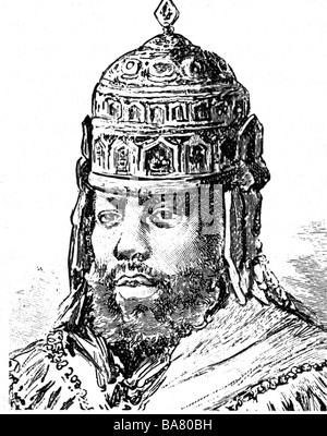 Menelik II d'Ethiopie, 17.8.1844 - 12.12.1913, empereur d'Ethiopie 9.3.1889 - 21.12.1913, portrait, avec couronne, gravure en bois, fin du 19ème siècle, Banque D'Images