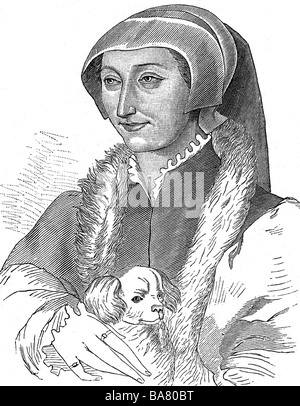 Marguerite de Navarre, 11.4.1492 - 21.12.1549, Reine de Navarre, auteur/écrivain, demi-longueur avec animal de compagnie, dessin de Jean Clouet (vers 1480 - 1540), Banque D'Images