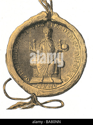 Frederick I 'Barbarossa', vers 1122 - 10.6.1190, roi d'Allemagne, empereur romain Saint 18.6.1155 - 10.6.1190, demi-longueur, bulla, 1174, gravure en bois, XIXe siècle, Banque D'Images