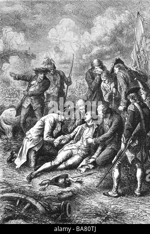 Wolfe, James, 2.1.1726 - 13.9.1759, général britannique, mort dans la bataille des plaines de Saint Abraham, gravure sur bois, XIXe siècle, Banque D'Images