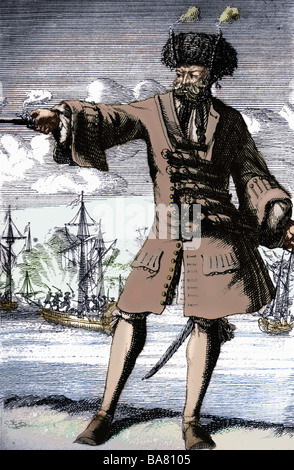 Enseigner, Edward, 'Jean', vers 1680 - 22.11.1718, pirate anglais, pleine longueur, gravure sur cuivre, 18e siècle, plus tard, aux couleurs de l'artiste , Copyright n'a pas à être effacée Banque D'Images