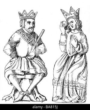 Frederick I 'Barbarossa', vers 1122 - 10.6.1190, roi d'Allemagne, empereur romain Saint 18.6.1155 - 10.6.1190, demi-longueur, avec sa femme Beatrice de Bourgogne, dessin, après des sculptures dans la cathédrale de Freising, Banque D'Images