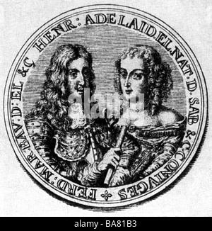 Ferdinand Maria, 31.10.1636 - 26.5.1679, Électeur de Bavière depuis 27.9.1651, portrait, avec sa femme Henriette Adelaide de Savoie, gravure après une médaille votive, inventé à l'occasion de la naissance de leur fille Maria Anna, novembre 1660, Banque D'Images