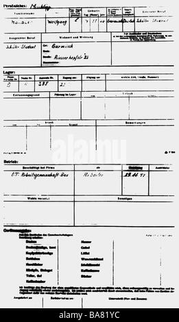 Nazisme / socialisme national, crimes, camps de concentration, Neu-Stassfurt, sous-camp 'Reh' de Buchenwald, documents, fiche de dossier de Wolfgang Hallauer, 1944, , Banque D'Images