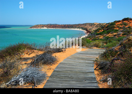 Promenade dans le sable rouge près de la bonite à la pointe de la péninsule de Peron, Shark Bay, en Australie occidentale. Banque D'Images