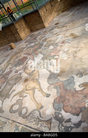 Mosaïque romaine dans le Triclinium (Salle à manger) dans la région de Villa del Casale, Piazza Armerina, Sicile, Italie Banque D'Images