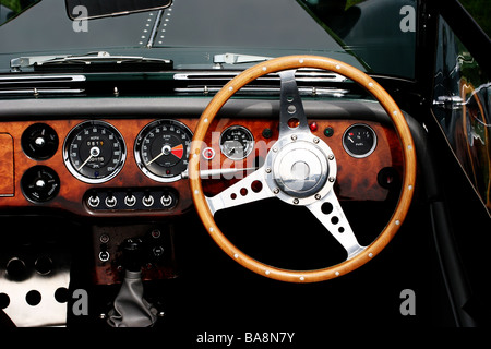 Drivers-eye view de la planche de bord, volant en bois et tableau de bord d'une voiture classique, vintage Banque D'Images