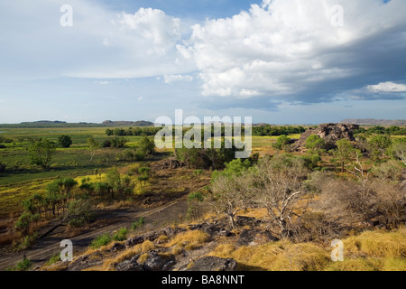 Vue sur la plaine du sacré Nadab site autochtones d'Ubirr. Le Kakadu National Park, Territoire du Nord, Australie Banque D'Images