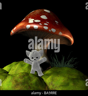 Ours sous de grands champignons. 3d illustration. Banque D'Images