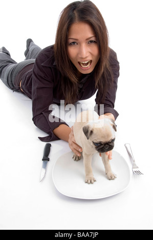 Woman putting chiot dans la plaque Banque D'Images