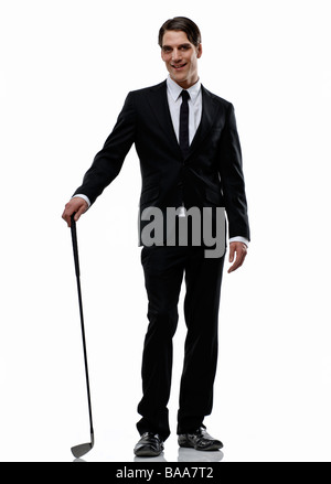 Un homme en costume holding a golf club, la Suède. Banque D'Images