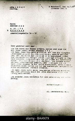 EPP, Joseph Andreas, 1914 - 1997, inventeur allemand, documents, lettre de l'ingénieur Otto Lange pour RFZ (projet d'artisanat Miethe Belluzo) à Epp, 10.7.1965, Banque D'Images