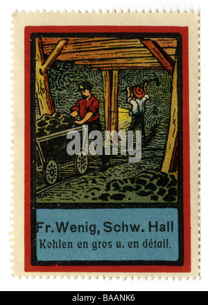 Publicité, timbres, commerce du charbon FR. Wenig, Schwabaian Hall, Allemagne, Vers 1910, Banque D'Images