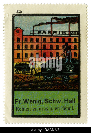 Publicité, timbres, commerce du charbon FR. Wenig, Schwabaian Hall, Allemagne, Vers 1910, Banque D'Images