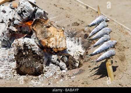 Sardines cuisson sur feu ouvert dans un restaurant de plage, Fuengirola, Costa del Sol, Andalousie, Espagne Banque D'Images