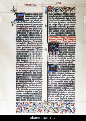 Gutenberg, Johannes Gensfleisch zur Laden zum, vers 1400 - 3.2.1468, germanophone et imprimeur, page de la Bible Gutenberg, Mayence, 1452 - 1455, Banque D'Images