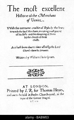 Shakespeare, William, 23.4.1564 - 23.4.1616, poète anglais, œuvres, 'le commerçant de Venise', page de titre, 1600, Banque D'Images