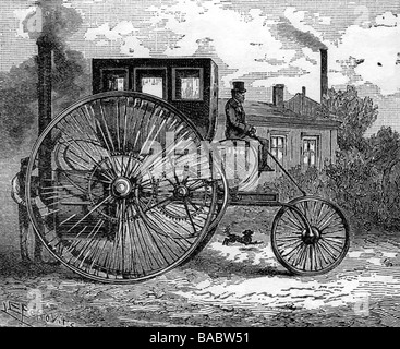 TreviThick, Richard, 13.4.1771 - 22.4.1833, ingénieur britannique, inventeur, son véhicule à vapeur "London Steam Carriage", gravure en bois par Ladislaus Eugen Petrovits (1839 - 1907), XIXe siècle, Banque D'Images