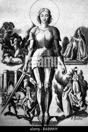 Jeanne d'Arc, 6.1.1412 - 30.5.1431, héroïne nationale française, pleine longueur, quatre stations de sa vie, vision, libération (d'Orléans), couronnement (de Charles VII), exécution, dessin de P. Gandon, Banque D'Images