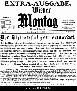 Francis Ferdinand, 18.12.1863 - 28.6.1914, Archduke, héritier apparent de l'Autriche-Hongrie 30.1.1889 - 28.6.1914, message de sa mort, titre, édition spéciale de 'Wiener Montag', 29.6.1914, Banque D'Images