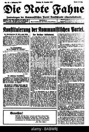 Géographie / voyages, Allemagne, politique, parti, Parti communiste d'Allemagne (KPD), fondation, titre 'Konstituerung der Kommunistischen Partei' (Constitution du Parti communiste), 'ie Rote Fahne', Berlin, 31.12.1918, Banque D'Images