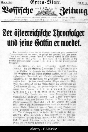 Francis Ferdinand, 18.12.1863 - 28.6.1914, Archduke, héritier apparent de l'Autriche-Hongrie 30.1.1889 - 28.6.1914, mort, assassinat à Sarajevo, édition spéciale 'Vossische Zeitung', Berlin, Allemagne, 28.6.1914, Banque D'Images