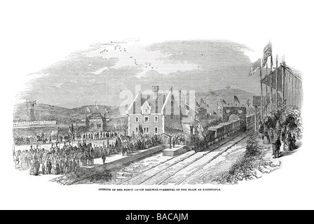 Ouverture de la gare de North Devon l'arrivée du train à barnstaple 1854 Ligne de train à vapeur de la piste Tarka celerbration moteur Banque D'Images