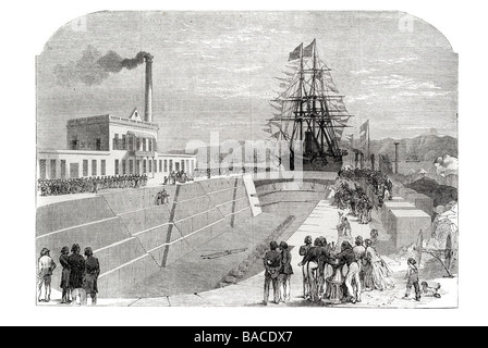 Ouverture de la nouvelle cale sèche au Canal de Suez 1867 inondé construction Entretien réparation de bateaux Bateaux Bateau Banque D'Images